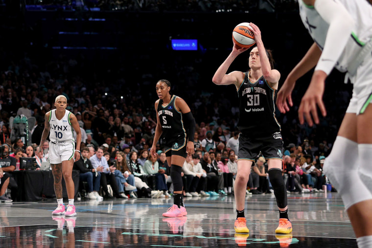 Breanna Stewart of the New York Liberty shoots a free throw during overtime against the Minnesota Lynx on Oct. 20, 2024.