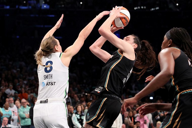 Breanna Stewart of the New York Liberty takes a shot as Alanna Smith of the Minnesota Lynx defends during game five of the WNBA finals